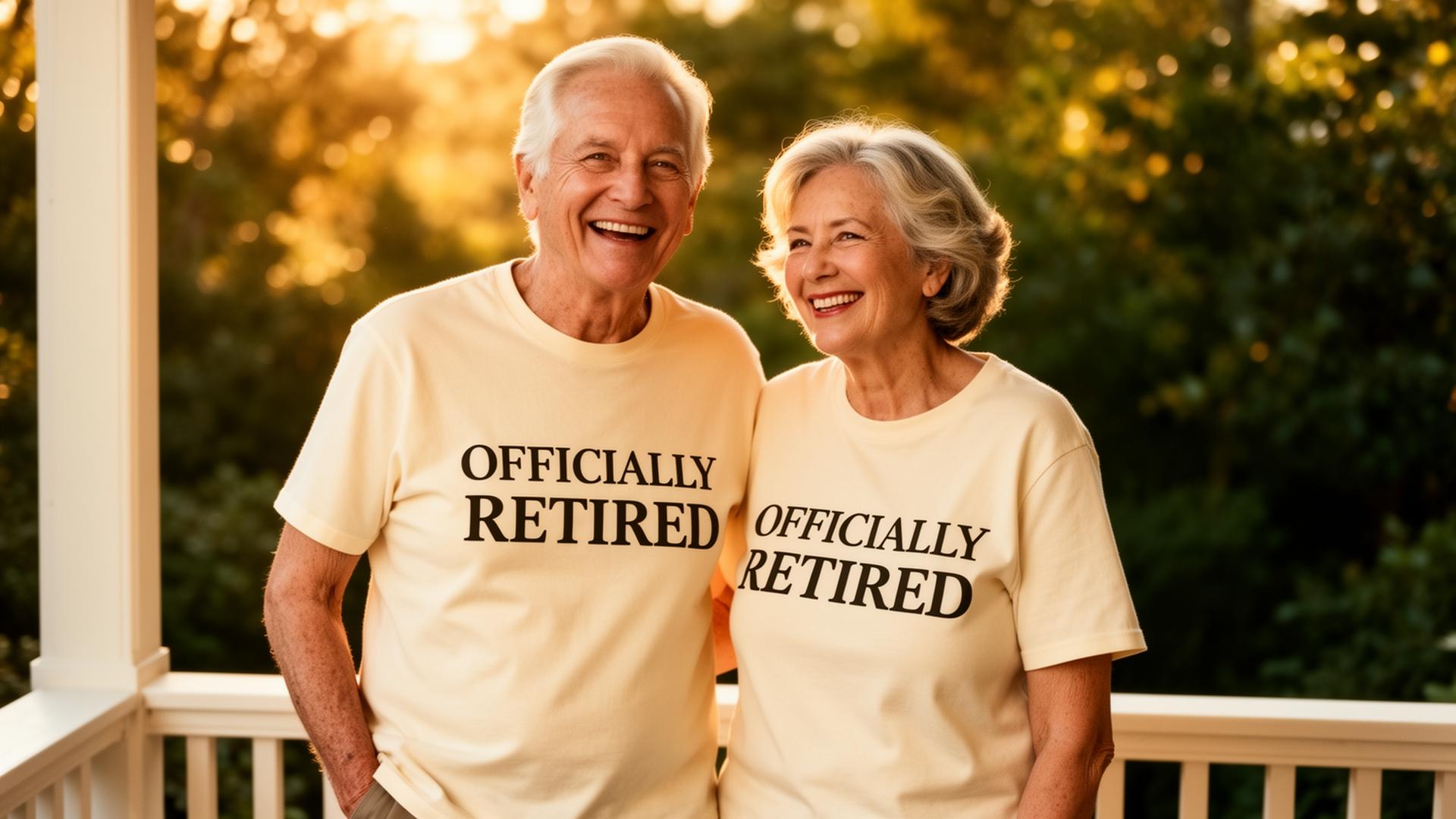 A retired couple in matching cream tees on a sunlit porch